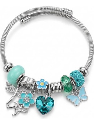 Silver Charm Bileklik Turkuaz Çiçek Ayarlanabilir Çelik Bileklik