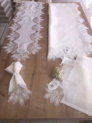 Ceki Home Sofra Takımı Lady Gardenya Keten Yemek Takımı 160x220 Masa Seti 12 Kişilik 26 Parça Runner Set Krem
