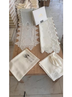 Ceki Home Sofra Takımı Mimoza Gardenya Keten Yemek Takımı 160x220 Masa Seti 12 Kişilik 26 Parça Runner Set Krem