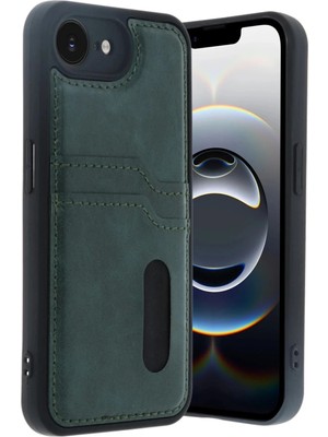 Mey Ithalat®  iPhone 16E Kılıf Sara Kartvizitli Deri Kılıf - Koyu Yeşil