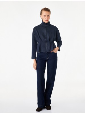 Koton Slim Fit Uzun Kollu Fermuarlı Pileli Dik Yaka Ceket