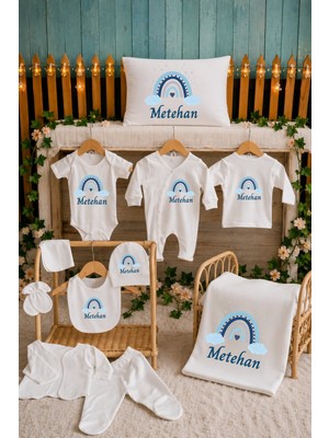 Perfect Mega Store Kişiye Özel Isimli Mavi Gökkuşağı Tasarımlı Yenidoğan Bebek Hastane Çıkışı Seti – Erkek Bebek