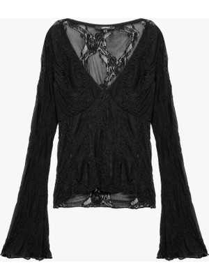 Koton Slim Fit V Yaka Uzun Ispanyol Kollu Dantelli Tişört Yarı Transparan