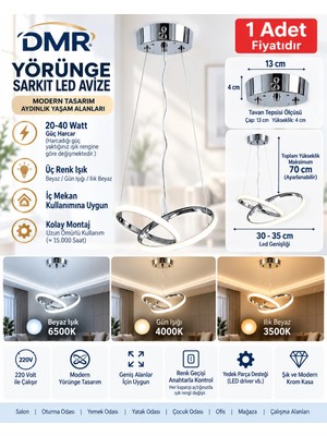 Dmr Yörünge Sarkıt LED Avize Krom Kasa 35W 220 Volt Üç Renk 6500K/4000K/3000K (Beyaz /ılık Beyaz/sarı (Günışığı)