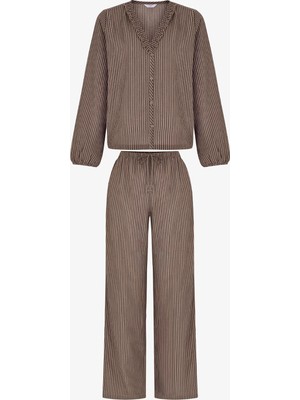 Penti Bej Sıcak Tutan Çizgili Uzun Kollu Gömlek Pantolon Pijama Takımı