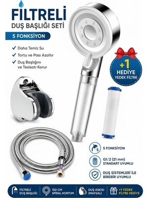 Primeaks Filtreli Duş Başlığı Seti | Duş Başlığı + Hortum + Mafsal + 1 Adet Yedek Filtre