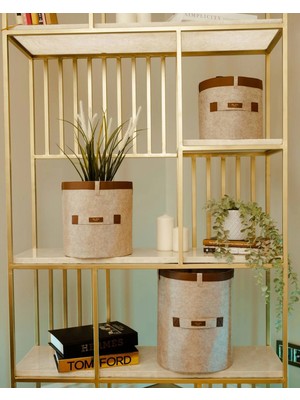 Pileli Store Deri Şeritli Yuvarlak Çok Amaçlı Düzenleyici Organizer Kutu Keçe Sepet (3'lü Set)