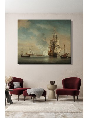Şehber Willem Van De Velde The Younger  "english Warship Firing A Salute"  Yatay Kanvas Tablo 4523