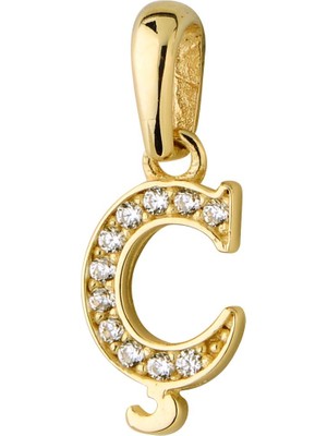 goldkupe 14 Ayar Altın Ç Harfi Taşlı Kolye Ucu 0,47GR