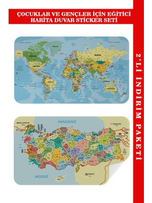 Harita Sepeti Eğitici Öğretici Dünya ve Türkiye Haritası Renkli Duvar Sticker Suya Dayanıklı 100 x 65 cm