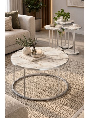 Sulorahome Gümüş Metal Ayaklı Mermer Desenli 4'lü Sehpa Seti