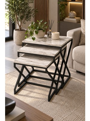 Sulorahome Modern Zigon Sehpa Seti - Beyaz Mermer Desenli ve Siyah Metal Ayaklı