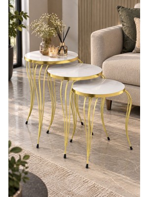 Sulorahome Lükens Ayaklı Beyaz Zigon Sehpa Takımı 3'lü
