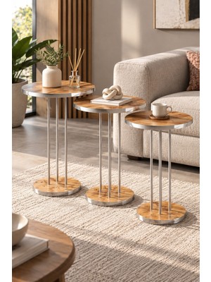Sulorahome Ceviz Desenli Gümüş Metal Ayaklı 3'lü Zigon Sehpa Takımı