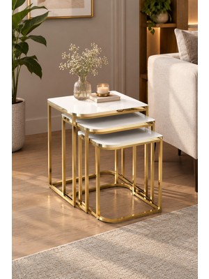 Sulorahome Damla Gold Zigon Sehpa Beyaz 3'lü