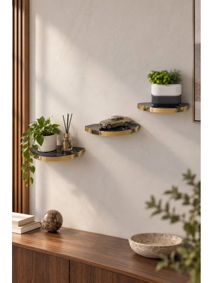 Sulorahome 3'lü Oval Duvar Rafı Siyah Mermer Desenli Gold Kenarlı