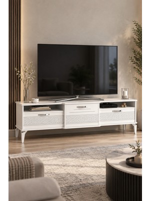 Sulorahome Gümüş Detaylı Beyaz Tv Sehpası 160 cm