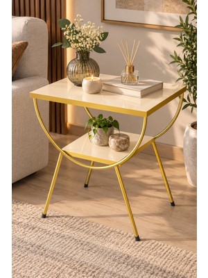 Sulorahome Gold Metal Yan Sehpa Krem Komodin