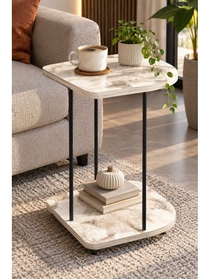 Sulorahome Tekerlekli Oval Servis Sehpası Mermer Desenli Beyaz