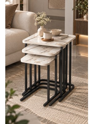 Sulorahome Ekru Mermer Desenli 3'lü Zigon Sehpa Seti Metal Ayaklı
