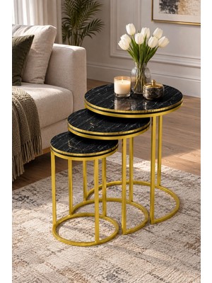 Sulorahome Siyah Mermer Desenli Gold Metal Ayaklı 3'lü Zigon Sehpa Takımı