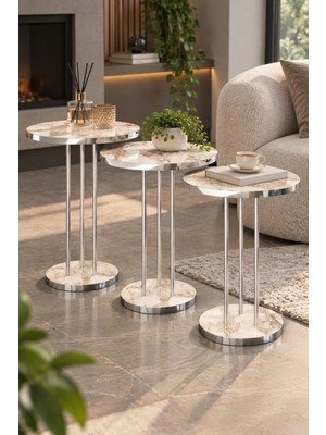 Sulorahome Gümüş Metal Ayaklı Efes Mermer Desenli 3'lü Zigon Sehpa Takımı