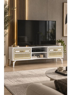 Sulorahome Tv Sehpası Tv Ünitesi Vera Beyaz Gold Çizgili 5052