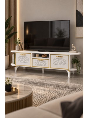 Sulorahome Beyaz ve Gold Detaylı 160 cm Tv Ünitesi