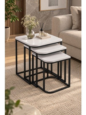 Sulorahome Beyaz 3'lü Kare Zigon Sehpa Seti Metal Ayaklı