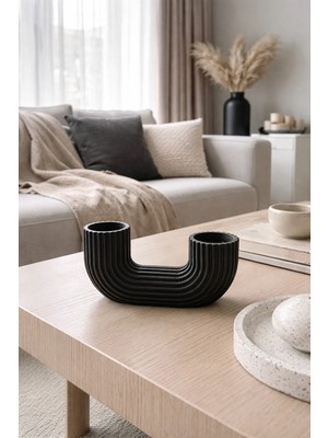 Hisconcept Gri Modern U Şekilli Ribbed Mumluk – Minimalist Dekoratif Ikili Tealight Mumluk