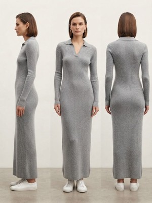 Polo Yaka Fitilli Triko Maxi Elbise