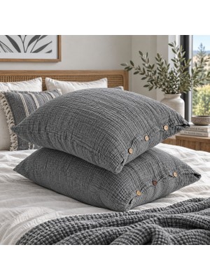 HB&Victory Antrasit 4 Katlı Müslin Ahşap Düğmeli %100 Pamuklu 2'li Yastık Kılıfı Seti 50X70 cm