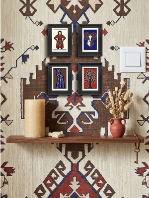 Dekorif 4'lü Mini Çerçeveli Tablo Seti Anadolu Kilim Motifleri Salon Duvar Dekorasyonu 8X10 cm