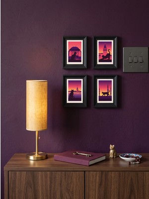 Dekorif 4'lü Mini Tablo Seti Istanbul Kedileri ve Tarihi Yapilar Salon Dekorasyonu 8X10 cm