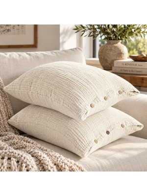 HB&Victory Ekru Ivory 4 Katlı Müslin Ahşap Düğmeli %100 Pamuklu 2'li Yastık Kılıfı Seti 50X70 cm