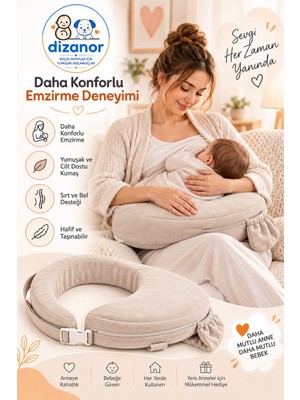 Dizanor Ayarlanabilir Kemerli Çok Amaçlı Emzirme Minderi Fermuarlı Yıkanabilir Kılıf 56X50X11 cm