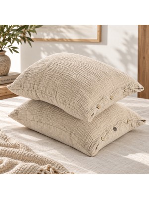 HB&Victory Bej Vizon 4 Katlı Müslin Ahşap Düğmeli %100 Pamuklu 2'li Yastık Kılıfı Seti 50X70 cm