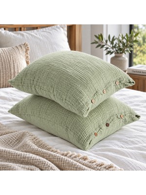 HB&Victory Çağla Yeşili 4 Katlı Müslin Ahşap Düğmeli %100 Pamuklu 2'li Yastık Kılıfı Seti 50X70 cm