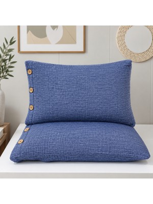 HB&Victory Indigo Mavi 4 Katlı Müslin Ahşap Düğmeli %100 Pamuklu 2'li Yastık Kılıfı Seti 50X70 cm