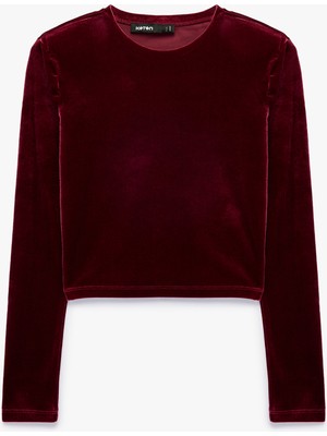 Koton Uzun Kollu Bisiklet Yaka Slim Fit Kadife Crop Tişört