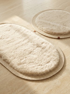 Melena Carpet Tavşan Tüyü Etkili Premium Peluş Banyo Paspası 2'li Yüksek Havlı Dolgun Jüt Kenarlı Suni Deri Taban