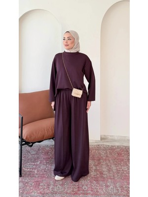 Miraydin Butik Kadın Çimalı Detay Geniş Paça Tunik Pantolon Ikili Takım M2696 - Bordo