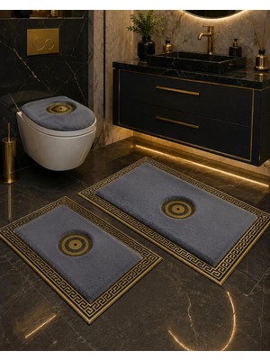 Lüks Gold Varaklı Ekru Peluş Banyo Paspas Takımı