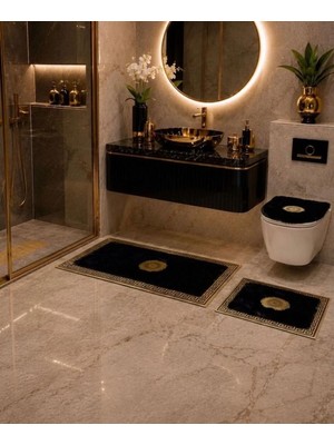 Lüks Gold Varaklı Ekru Peluş Banyo Paspas Takımı
