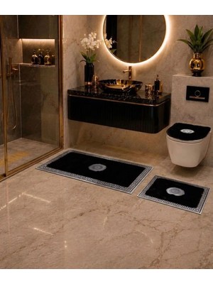 Lüks Gümüş Varaklı Ekru Peluş Banyo Paspası