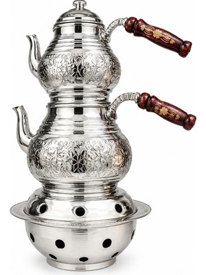 Hazar Gıda Ahşap Kulplu Ikili Bakır Çaydanlık Takımı ve Ocağı