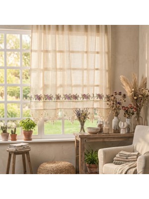 Destiva Home Buldan Işi Kanaviçeli Dantelli Otantik Pamuklu Dekoratif Salon Mutfak Yatak Odası Perdesi