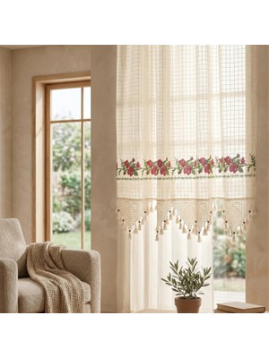 Destiva Home Buldan Işi Kanaviçeli Dantelli Otantik Pamuklu Dekoratif Salon Mutfak Yatak Odası Perdesi