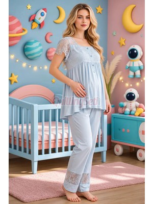 Quilling Bebe Mavi Renkli Dantel Detaylı, 33200 Kısa Kol, 2 Parça Lohusa Hamile Pijama Takımı