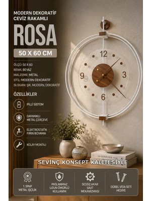 Sevinç Konsept Beyaz Rosa Ceviz Rakamlı – Çift Çemberli (Büyük Boy 50 * 65 Cm) Lüks Dekoratif Metal Duvar Saati